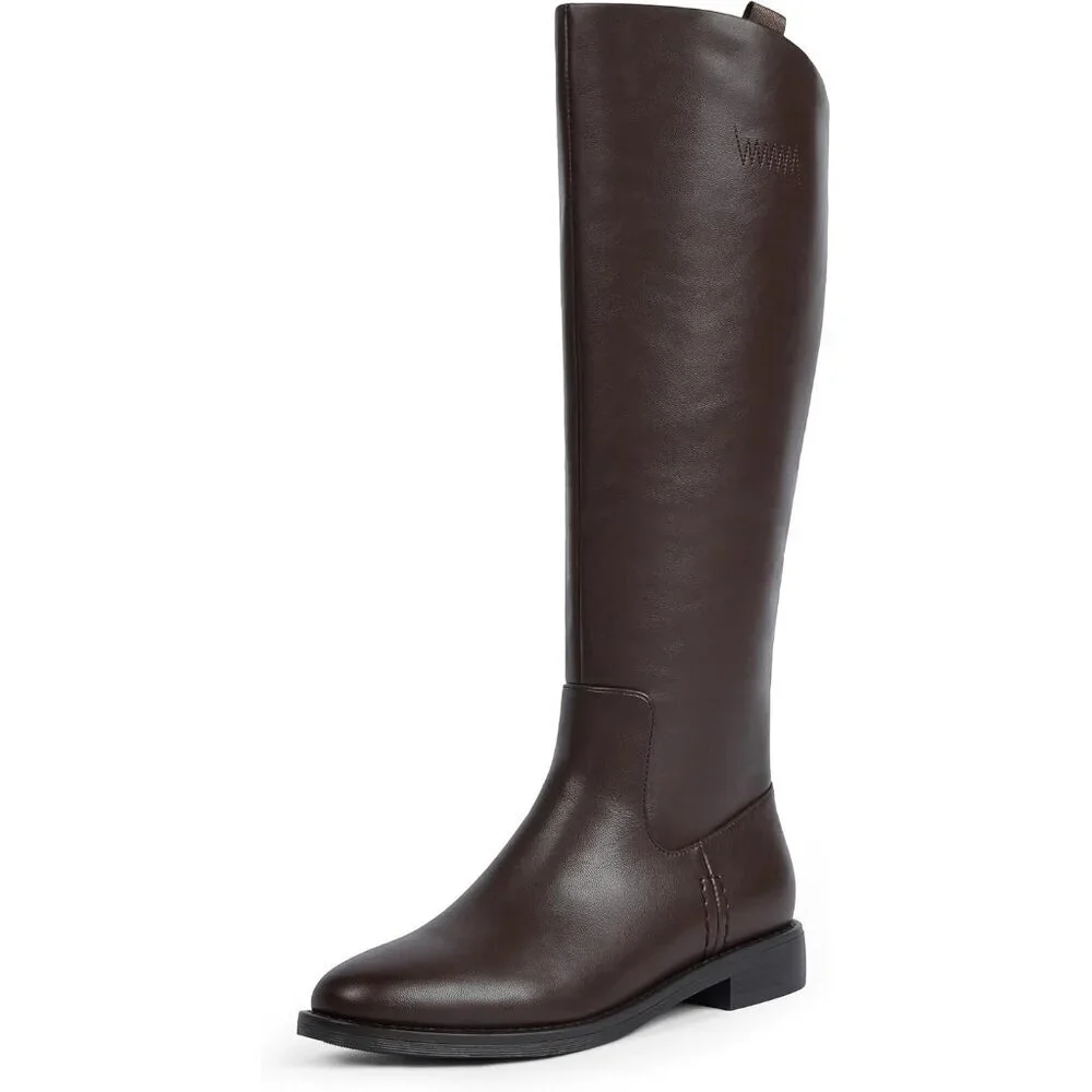 Women's A-chocolate Rounded Toe Flat Low Chunky Zip Heel Knee High Boots
